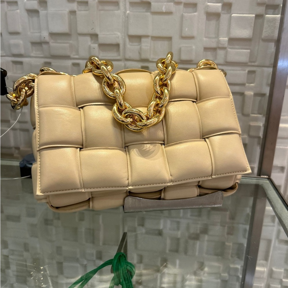 Bottega Veneta Beige Crossbody Bag with Gold Chain